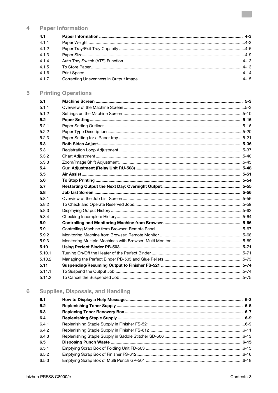 4paper information, 5printing operations, 6supplies, disposals, and handling | Konica Minolta bizhub PRESS C8000e User Manual | Page 5 / 706