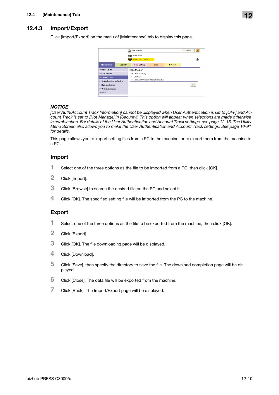 3 import/export, Import, Export | Import/export -10 | Konica Minolta bizhub PRESS C8000e User Manual | Page 584 / 706