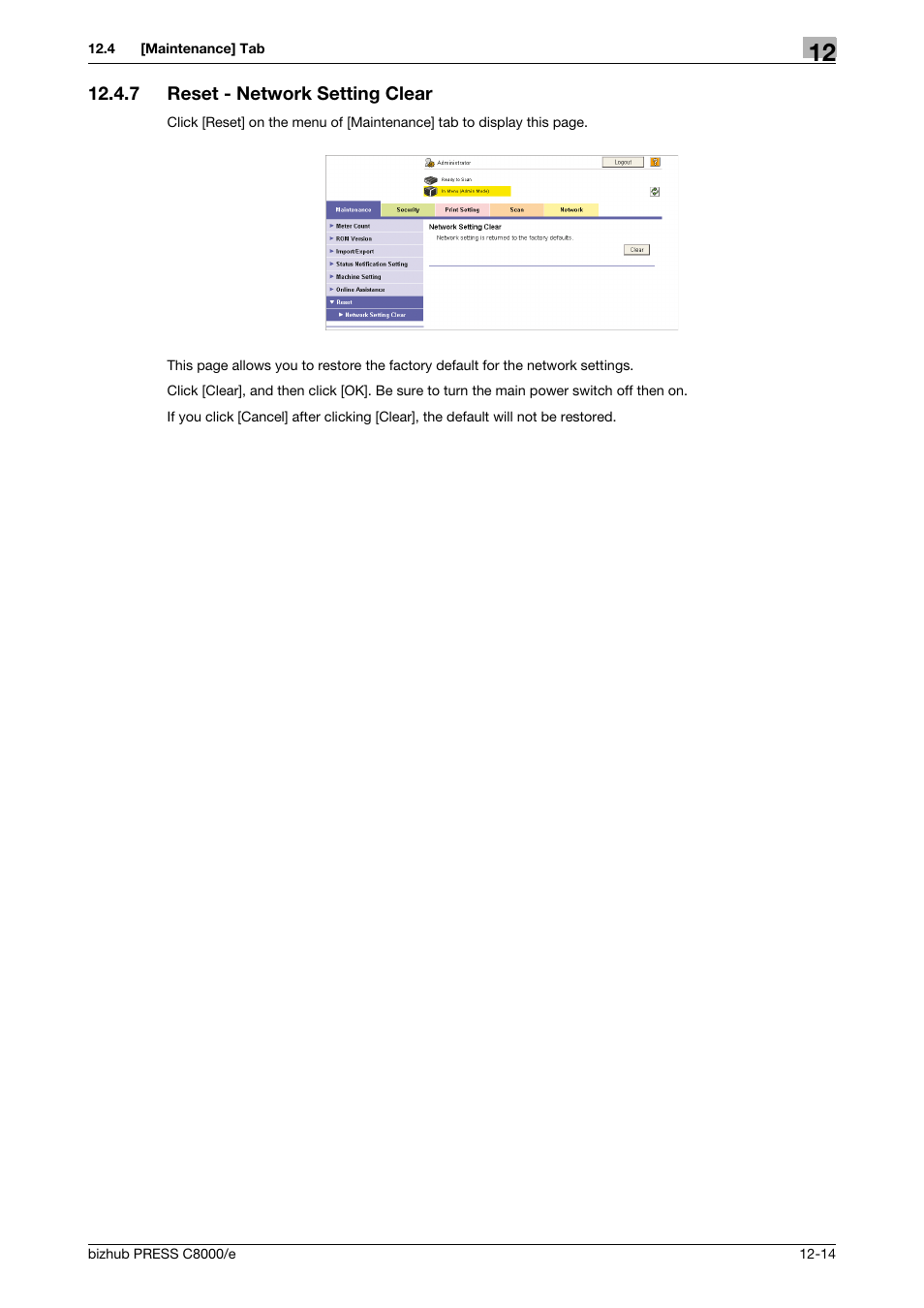 7 reset - network setting clear, Reset - network setting clear -14 | Konica Minolta bizhub PRESS C8000e User Manual | Page 588 / 706