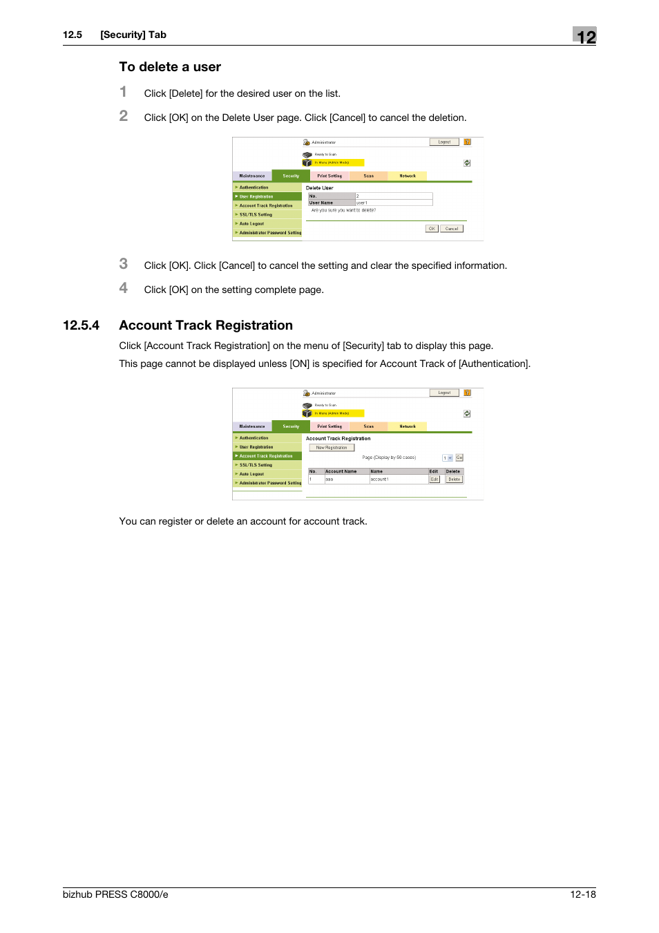 To delete a user, 4 account track registration, Account track registration -18 | Konica Minolta bizhub PRESS C8000e User Manual | Page 592 / 706