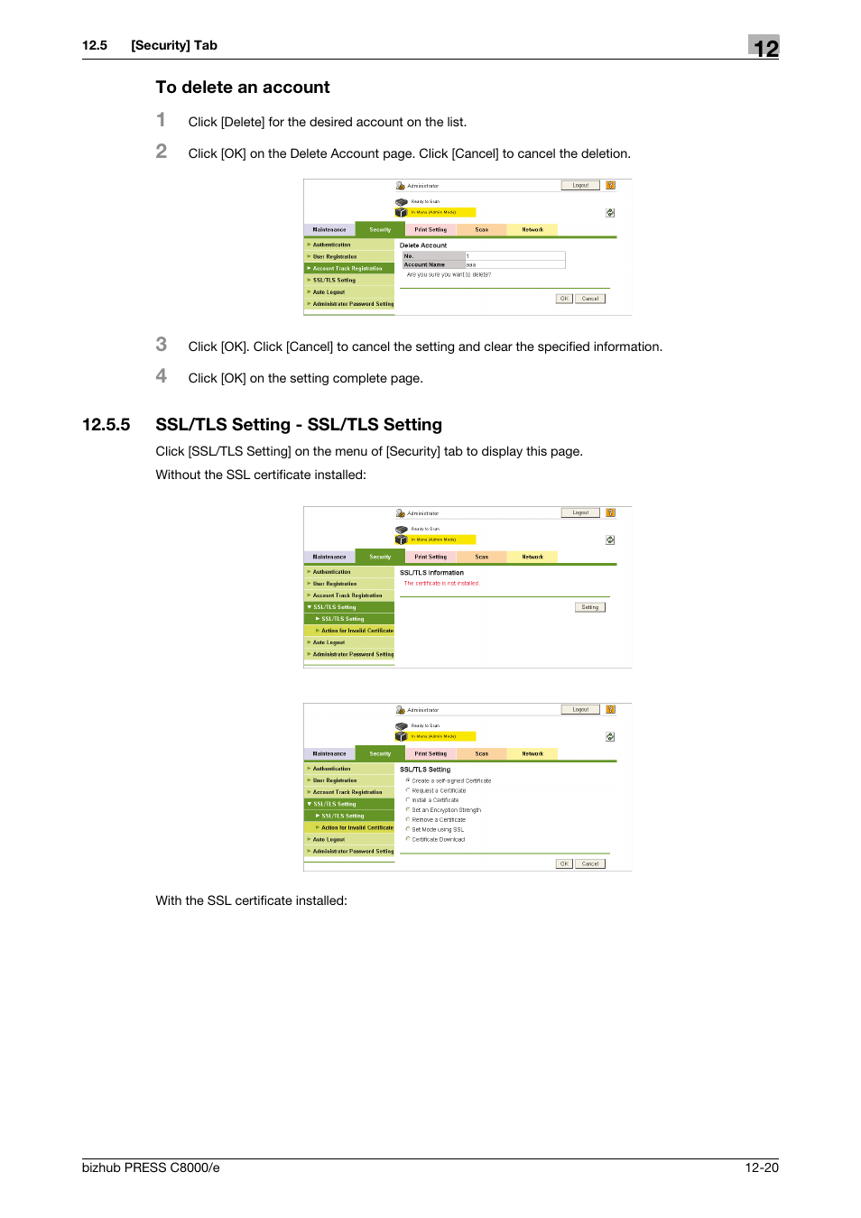 To delete an account, 5 ssl/tls setting - ssl/tls setting, Ssl/tls setting - ssl/tls setting -20 | Konica Minolta bizhub PRESS C8000e User Manual | Page 594 / 706