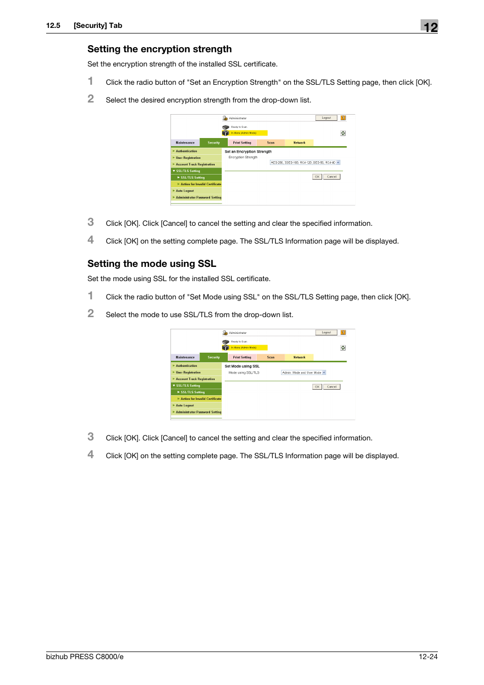 Setting the encryption strength, Setting the mode using ssl | Konica Minolta bizhub PRESS C8000e User Manual | Page 598 / 706