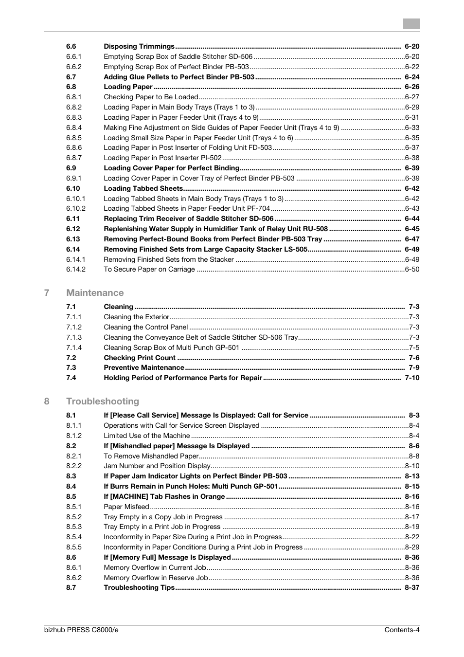 7maintenance, 8troubleshooting | Konica Minolta bizhub PRESS C8000e User Manual | Page 6 / 706