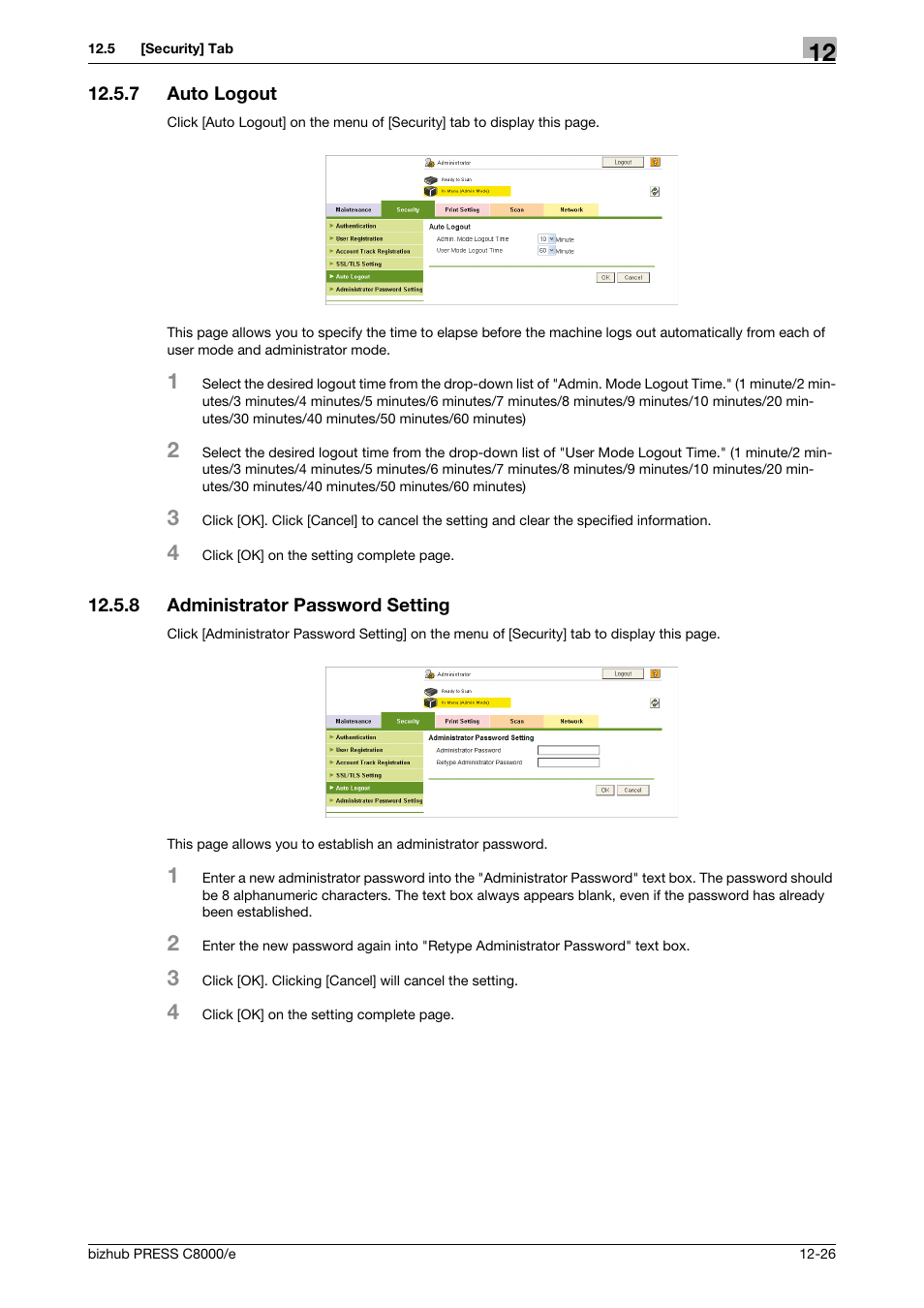 7 auto logout, 8 administrator password setting, Auto logout -26 | Administrator password setting -26 | Konica Minolta bizhub PRESS C8000e User Manual | Page 600 / 706