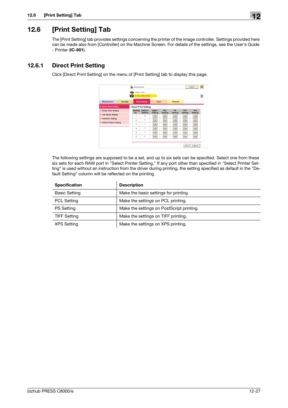 6 [print setting] tab, 1 direct print setting, Print setting] tab -27 | Direct print setting -27 | Konica Minolta bizhub PRESS C8000e User Manual | Page 601 / 706