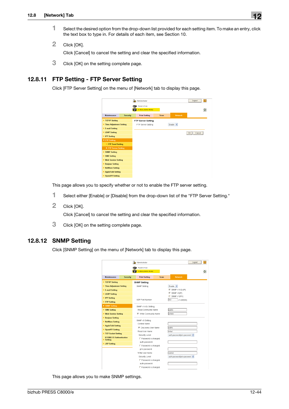 11 ftp setting - ftp server setting, 12 snmp setting, Ftp setting - ftp server setting -44 | Snmp setting -44 | Konica Minolta bizhub PRESS C8000e User Manual | Page 618 / 706