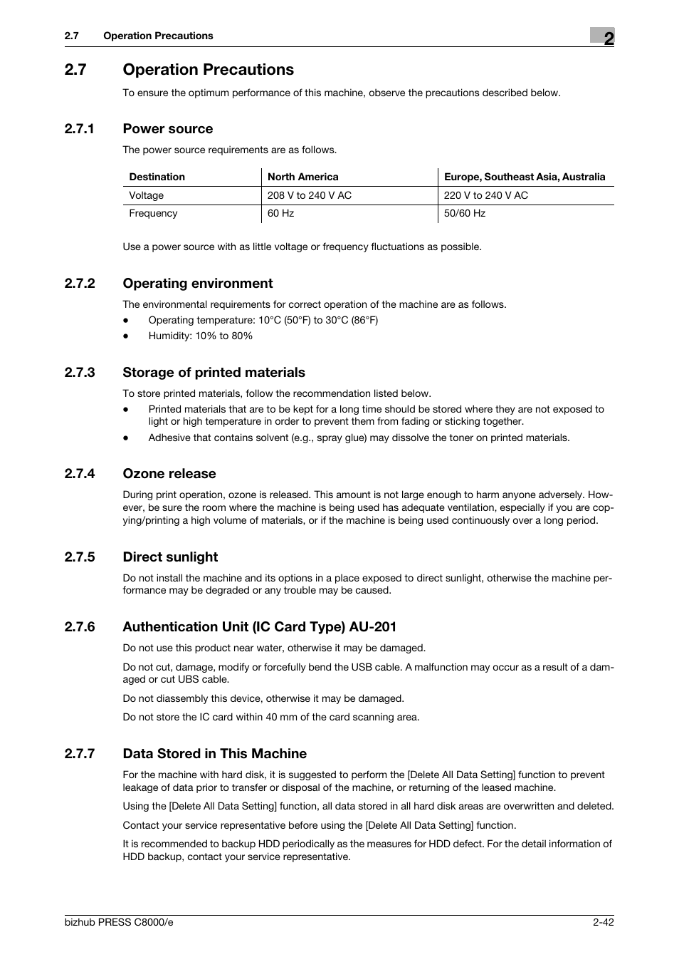 7 operation precautions, 1 power source, 2 operating environment | 3 storage of printed materials, 4 ozone release, 5 direct sunlight, 6 authentication unit (ic card type) au-201, 7 data stored in this machine, Operation precautions -42, Power source -42 | Konica Minolta bizhub PRESS C8000e User Manual | Page 62 / 706