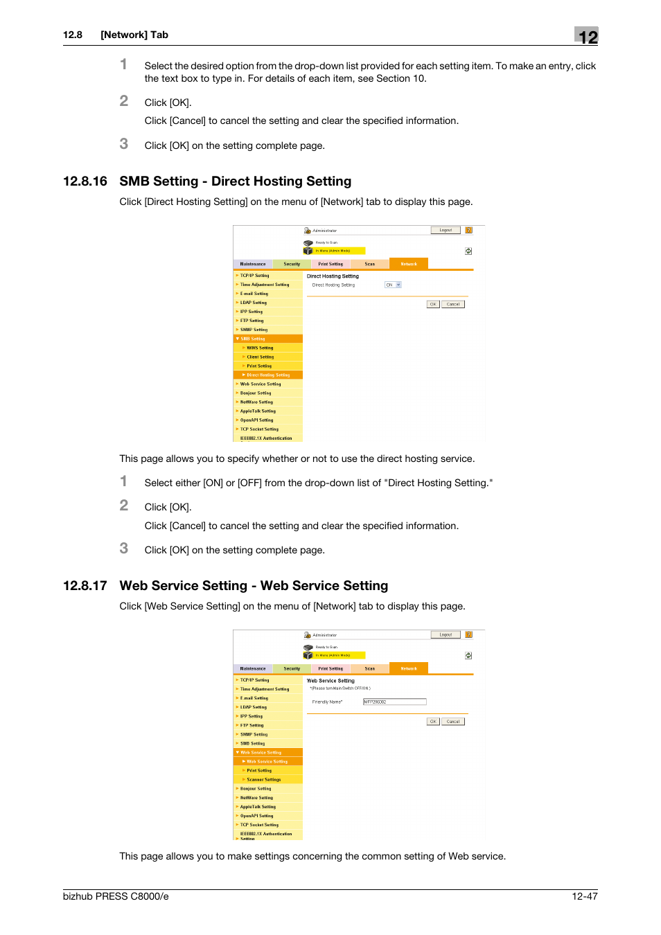 16 smb setting - direct hosting setting, 17 web service setting - web service setting, Smb setting - direct hosting setting -47 | Web service setting - web service setting -47 | Konica Minolta bizhub PRESS C8000e User Manual | Page 621 / 706