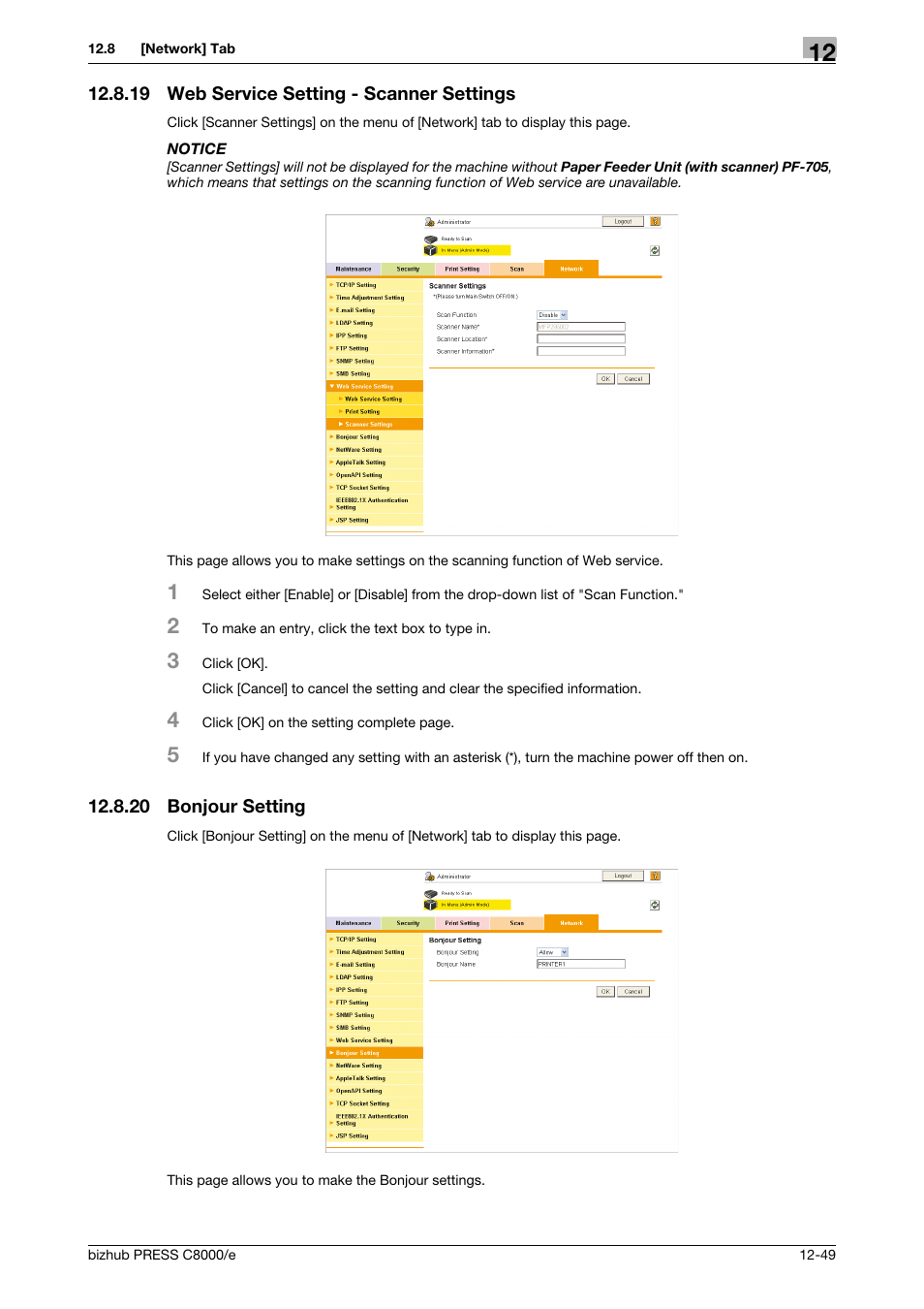 19 web service setting - scanner settings, 20 bonjour setting, Web service setting - scanner settings -49 | Bonjour setting -49 | Konica Minolta bizhub PRESS C8000e User Manual | Page 623 / 706