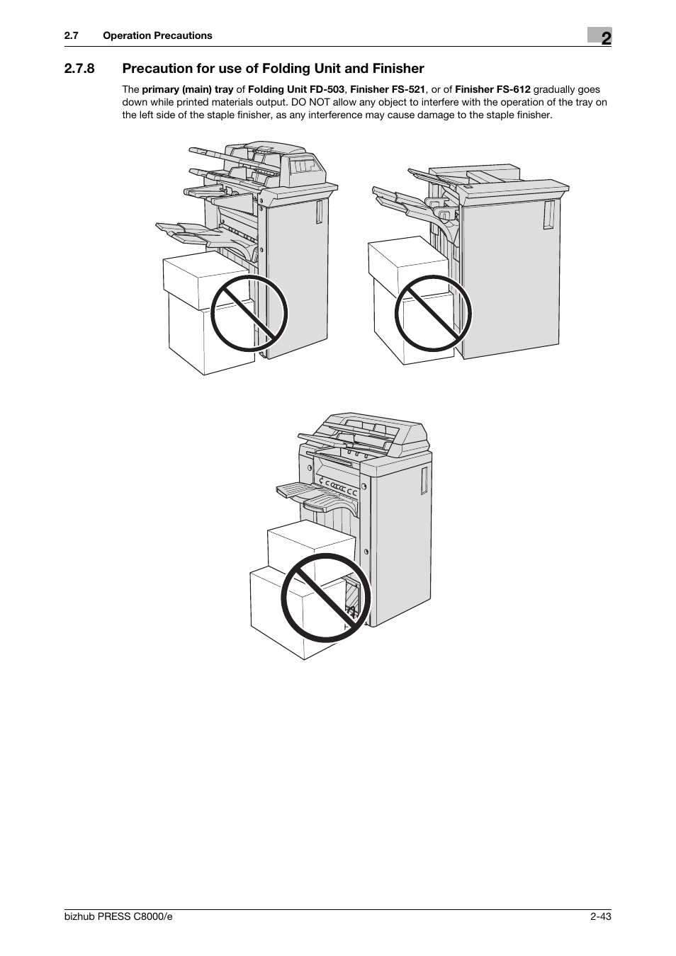 8 precaution for use of folding unit and finisher | Konica Minolta bizhub PRESS C8000e User Manual | Page 63 / 706