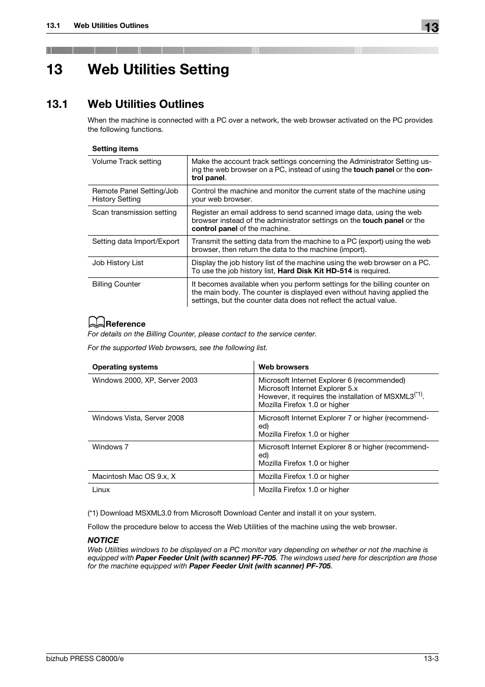 13 web utilities setting, 1 web utilities outlines, Web utilities setting | Web utilities outlines -3 | Konica Minolta bizhub PRESS C8000e User Manual | Page 637 / 706