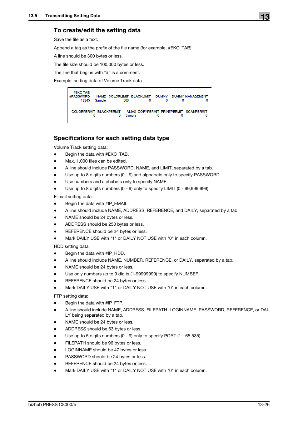 To create/edit the setting data, Specifications for each setting data type | Konica Minolta bizhub PRESS C8000e User Manual | Page 660 / 706