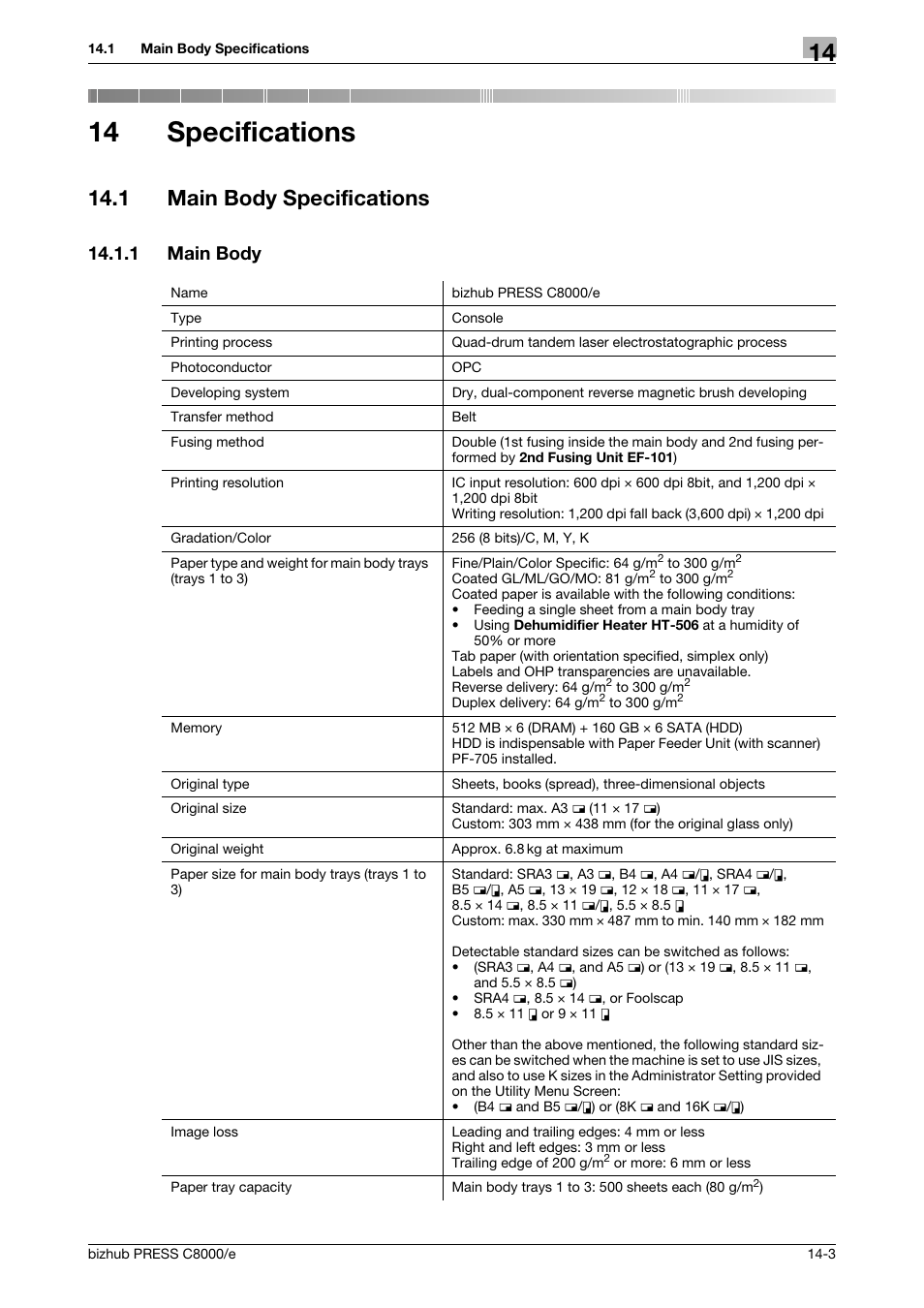 14 specifications, 1 main body specifications, 1 main body | Specifications, Main body specifications -3, Main body -3 | Konica Minolta bizhub PRESS C8000e User Manual | Page 669 / 706