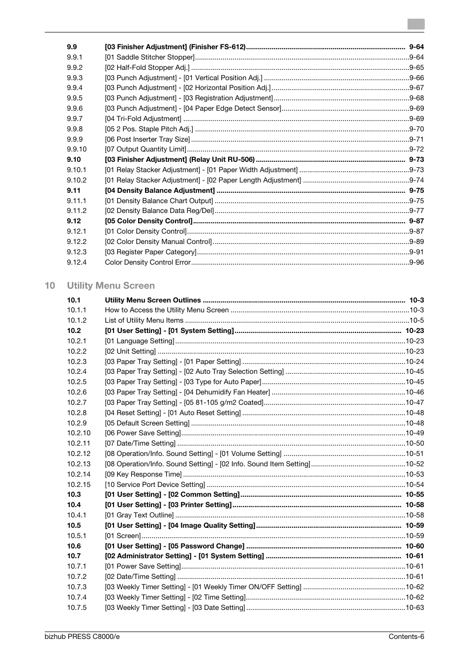 10 utility menu screen | Konica Minolta bizhub PRESS C8000e User Manual | Page 8 / 706