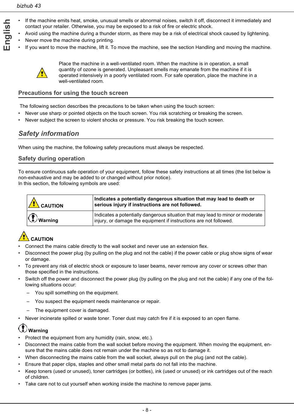 Precautions for using the touch screen, Safety information, Safety during operation | English | Konica Minolta bizhub 43 User Manual | Page 10 / 258