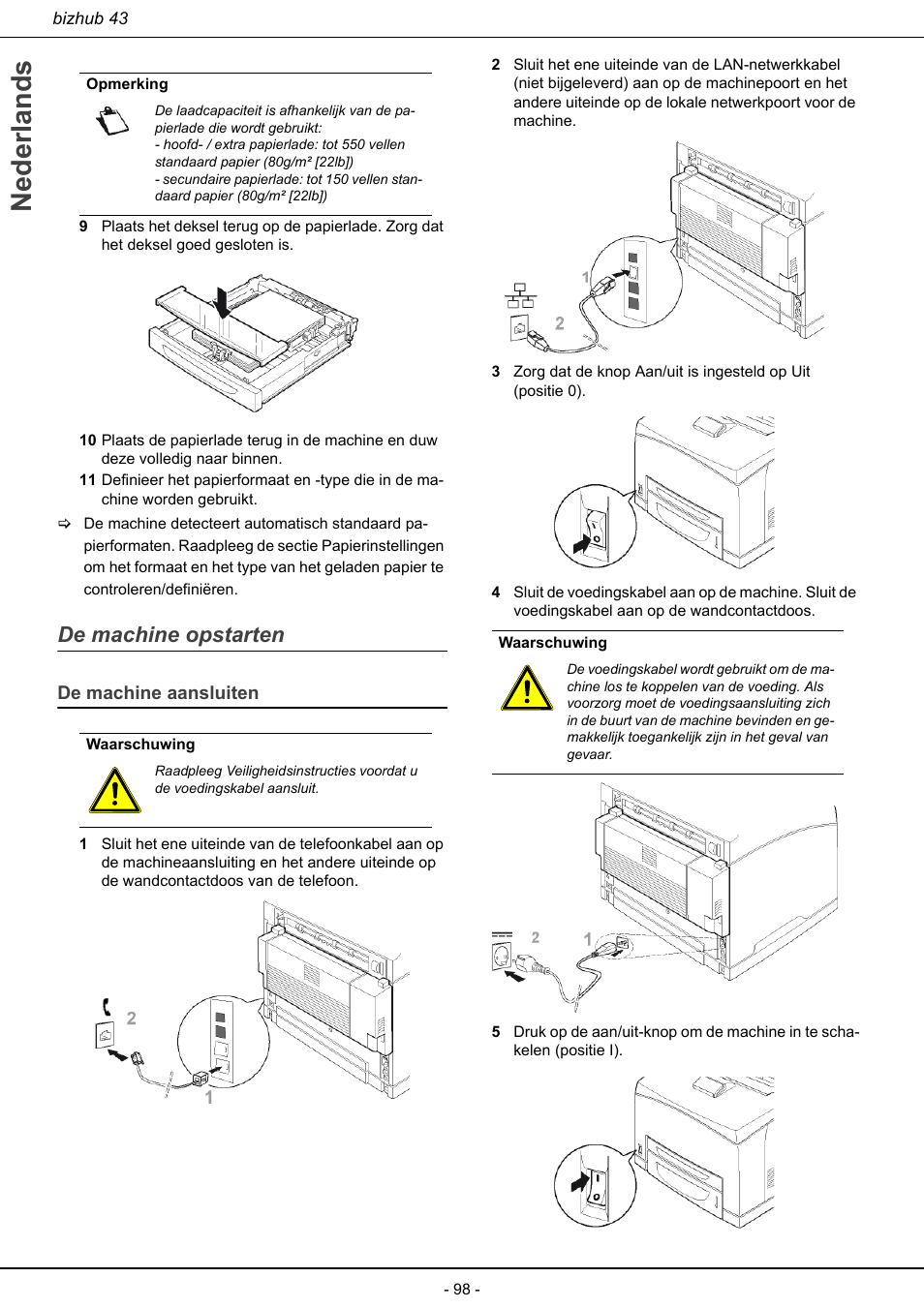 De machine opstarten, De machine aansluiten, Nederlands | Konica Minolta bizhub 43 User Manual | Page 100 / 258