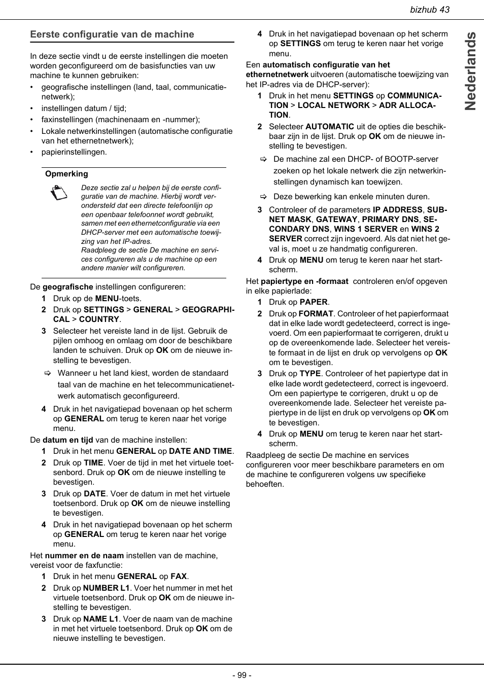 Eerste configuratie van de machine, Nederlands | Konica Minolta bizhub 43 User Manual | Page 101 / 258