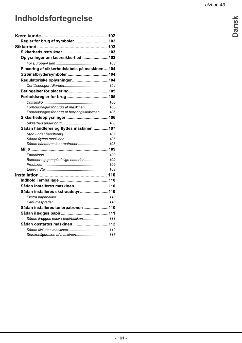 Indholdsfortegnelse, Dansk | Konica Minolta bizhub 43 User Manual | Page 103 / 258