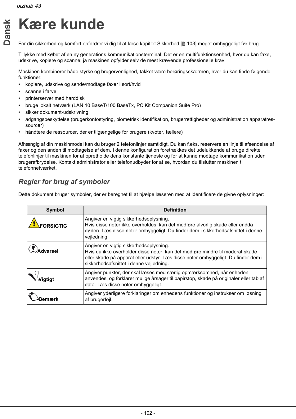 Kære kunde, Regler for brug af symboler, Dansk | Konica Minolta bizhub 43 User Manual | Page 104 / 258