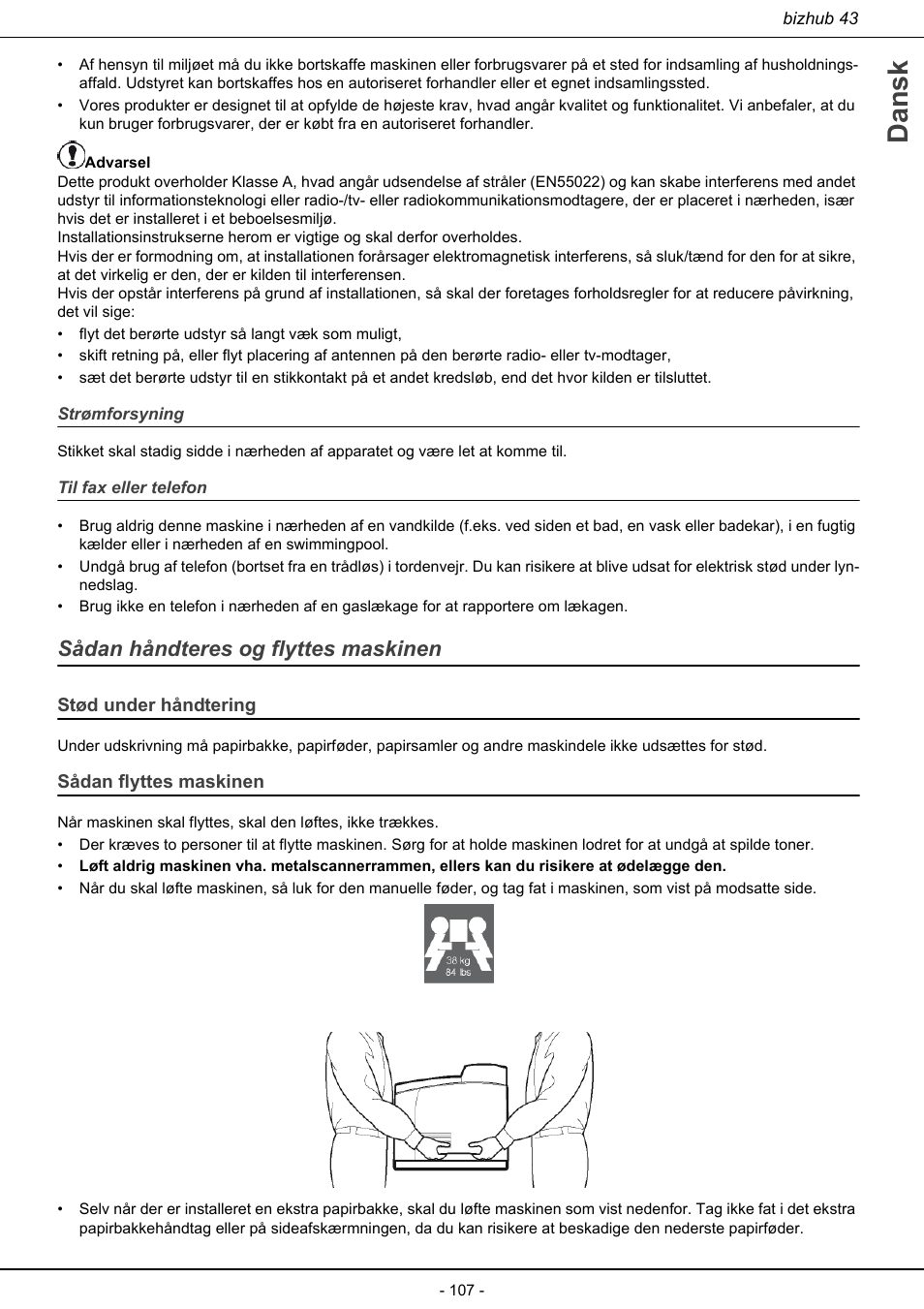 Sådan håndteres og flyttes maskinen, Stød under håndtering sådan flyttes maskinen, Dansk | Konica Minolta bizhub 43 User Manual | Page 109 / 258