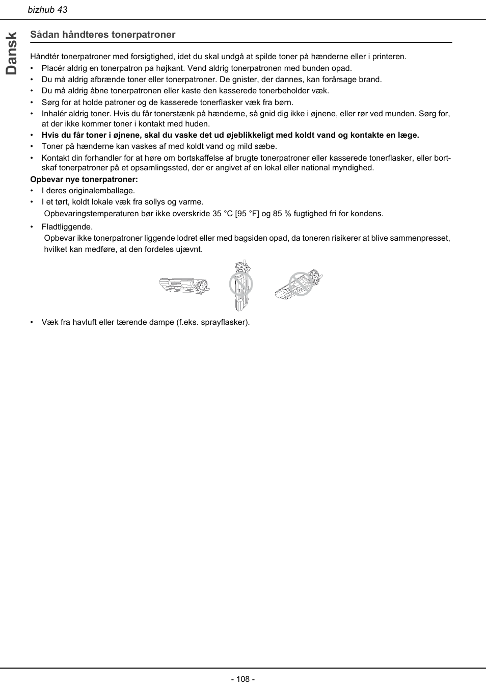 Sådan håndteres tonerpatroner, Dansk | Konica Minolta bizhub 43 User Manual | Page 110 / 258