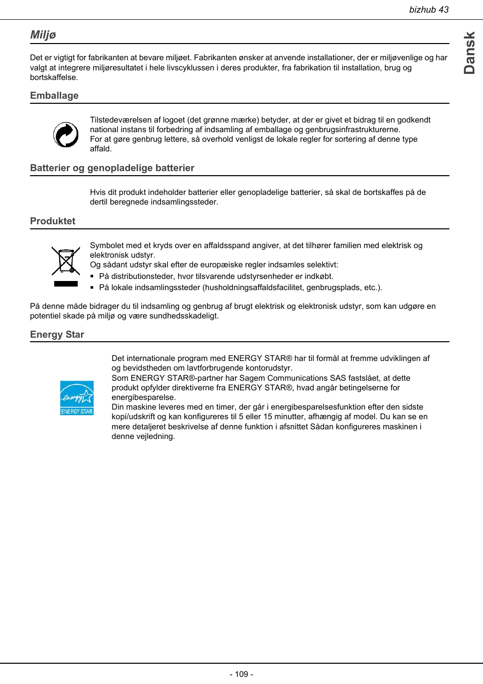 Miljø, Dansk, Emballage | Batterier og genopladelige batterier, Produktet, Energy star | Konica Minolta bizhub 43 User Manual | Page 111 / 258