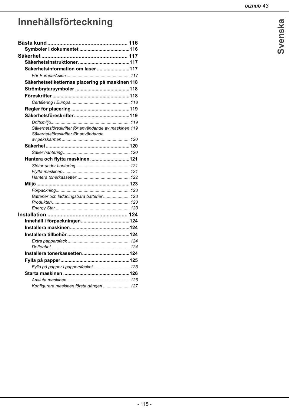 Innehållsförteckning, Svenska | Konica Minolta bizhub 43 User Manual | Page 117 / 258