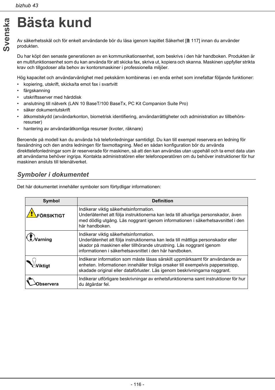 Bästa kund, Symboler i dokumentet, Svenska | Konica Minolta bizhub 43 User Manual | Page 118 / 258