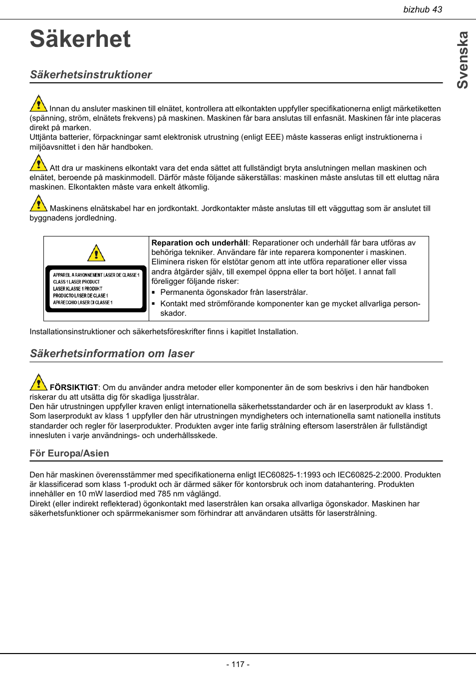 Säkerhet, För europa/asien, Svenska | Säkerhetsinstruktioner, Säkerhetsinformation om laser | Konica Minolta bizhub 43 User Manual | Page 119 / 258