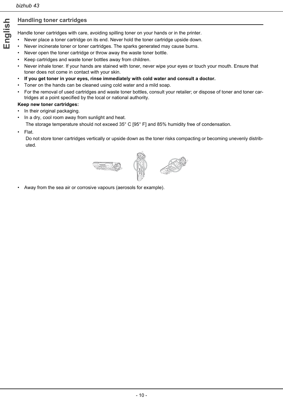 Handling toner cartridges, English | Konica Minolta bizhub 43 User Manual | Page 12 / 258