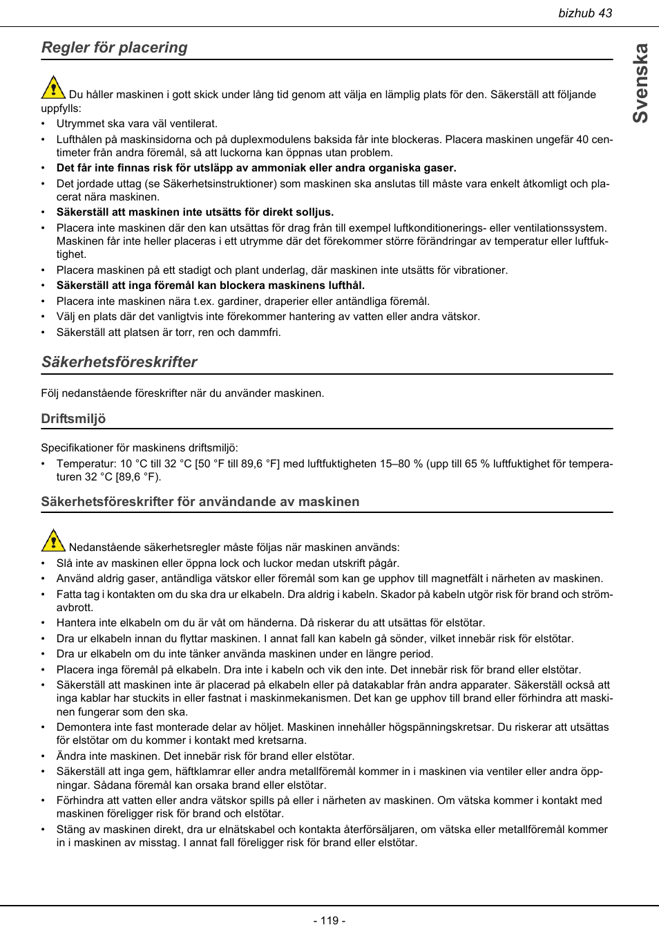 Regler för placering säkerhetsföreskrifter, Svenska, Regler för placering | Säkerhetsföreskrifter | Konica Minolta bizhub 43 User Manual | Page 121 / 258