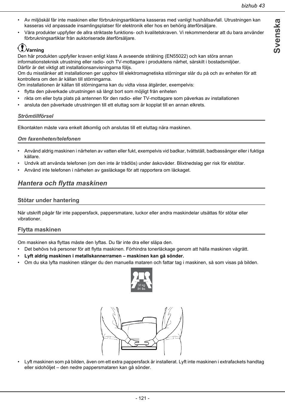 Hantera och flytta maskinen, Stötar under hantering flytta maskinen, Svenska | Konica Minolta bizhub 43 User Manual | Page 123 / 258