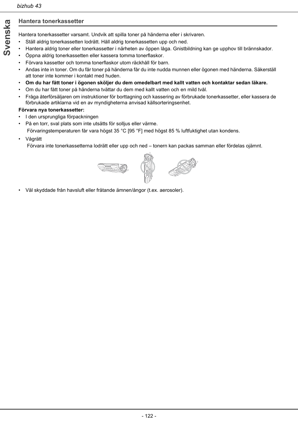 Hantera tonerkassetter, Svenska | Konica Minolta bizhub 43 User Manual | Page 124 / 258