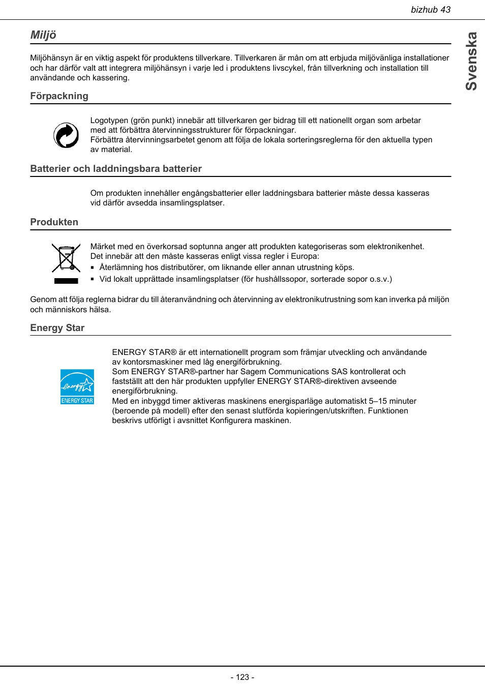 Miljö, Svenska, Förpackning | Batterier och laddningsbara batterier, Produkten, Energy star | Konica Minolta bizhub 43 User Manual | Page 125 / 258