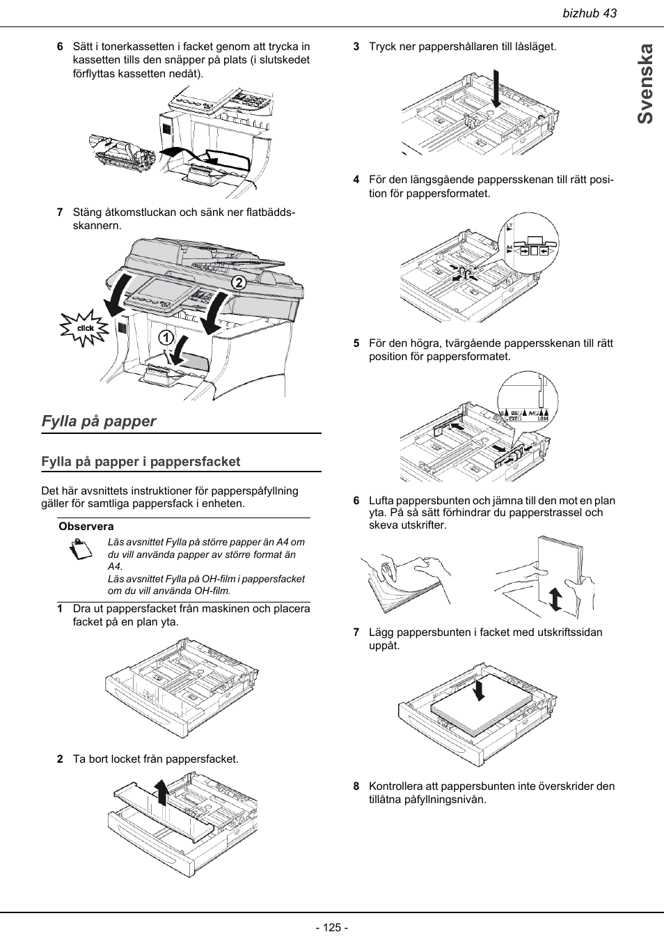 Fylla på papper, Fylla på papper i pappersfacket, Svenska | Konica Minolta bizhub 43 User Manual | Page 127 / 258