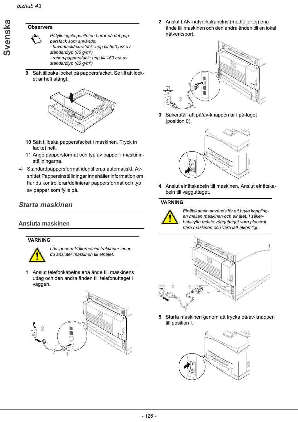 Starta maskinen, Ansluta maskinen, Svenska | Konica Minolta bizhub 43 User Manual | Page 128 / 258