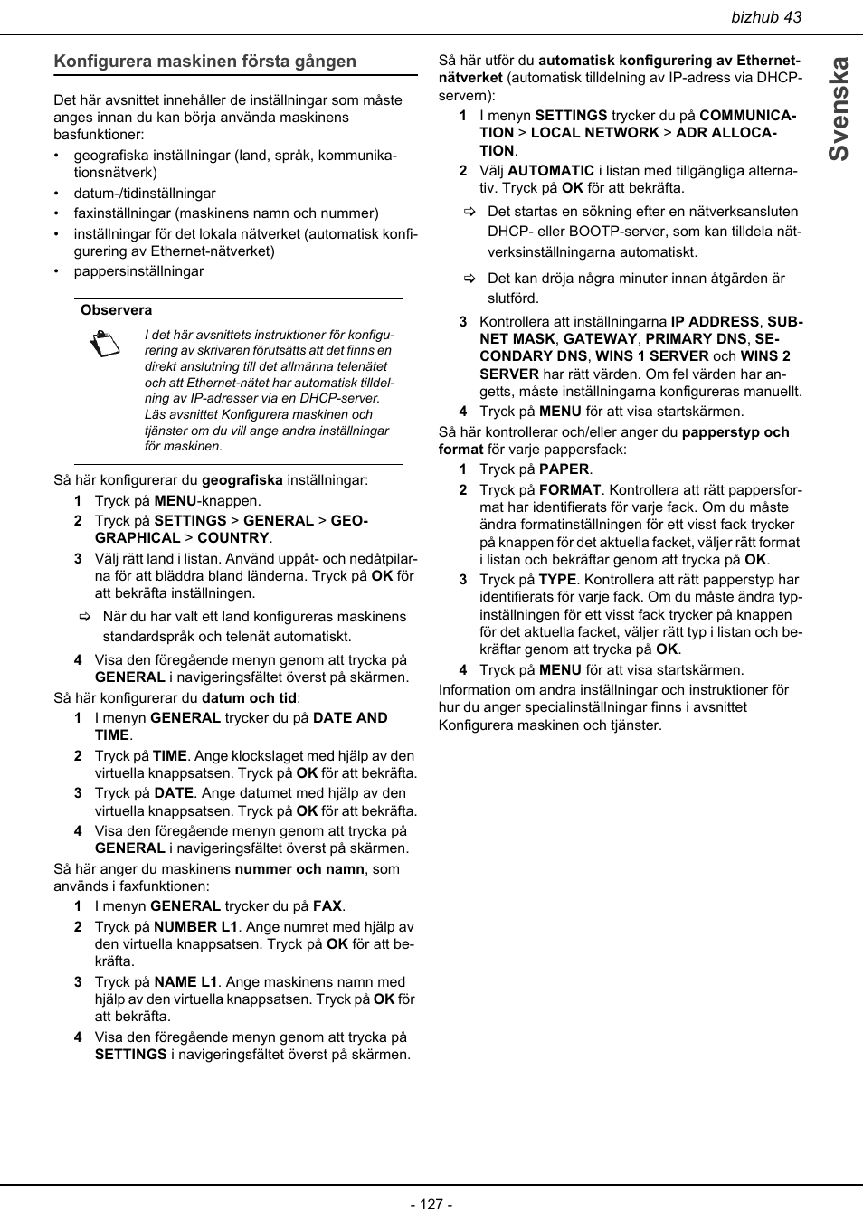 Konfigurera maskinen första gången, Svenska | Konica Minolta bizhub 43 User Manual | Page 129 / 258