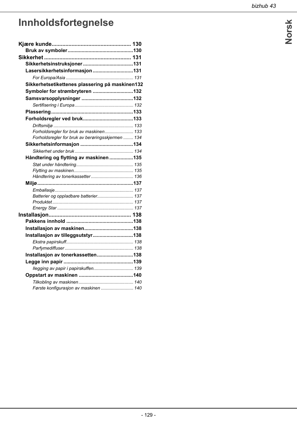 Innholdsfortegnelse, Norsk | Konica Minolta bizhub 43 User Manual | Page 131 / 258