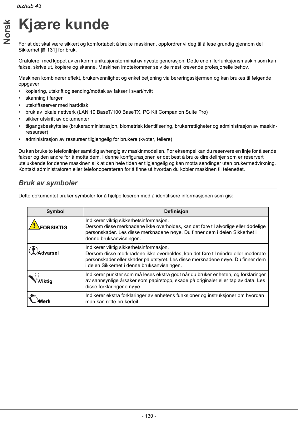 Kjære kunde, Bruk av symboler, Norsk | Konica Minolta bizhub 43 User Manual | Page 132 / 258