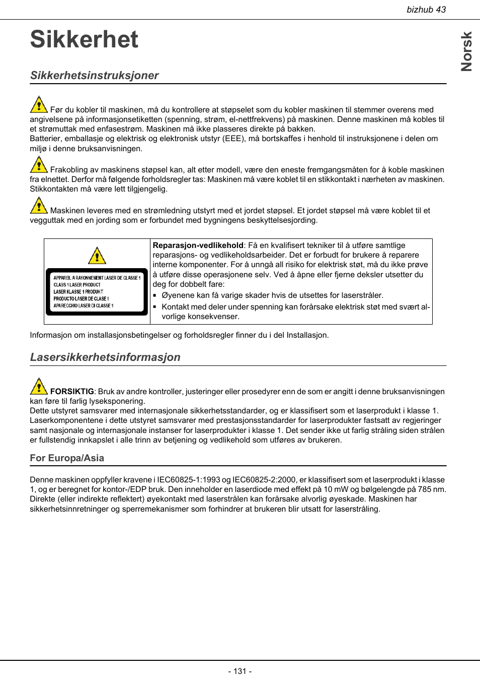 Sikkerhet, Sikkerhetsinstruksjoner lasersikkerhetsinformasjon, For europa/asia | Norsk, Sikkerhetsinstruksjoner, Lasersikkerhetsinformasjon | Konica Minolta bizhub 43 User Manual | Page 133 / 258