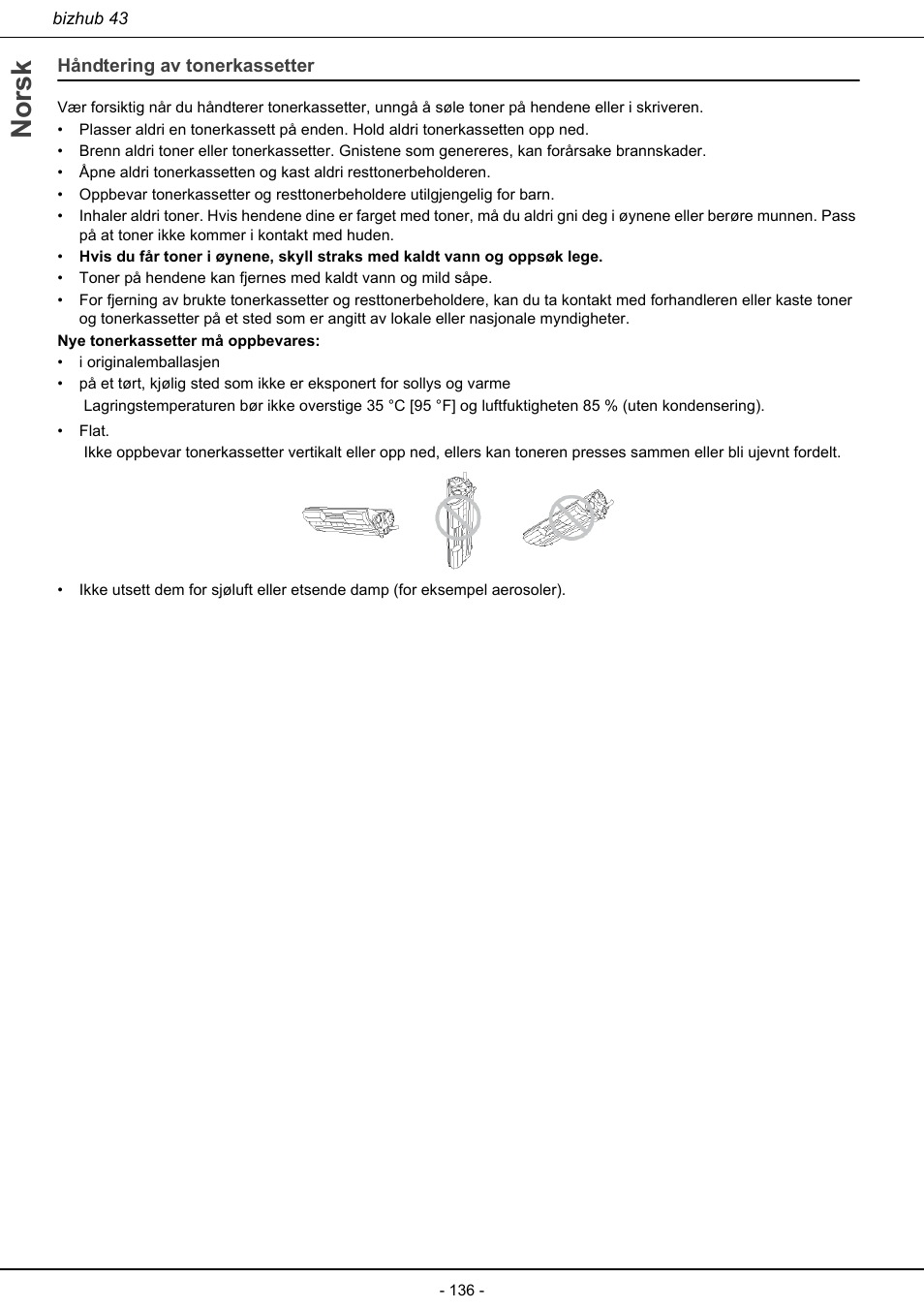 Håndtering av tonerkassetter, Norsk | Konica Minolta bizhub 43 User Manual | Page 138 / 258