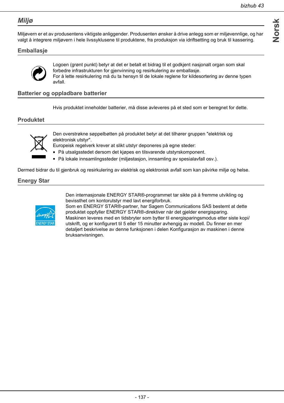 Miljø, Norsk, Emballasje | Batterier og oppladbare batterier, Produktet, Energy star | Konica Minolta bizhub 43 User Manual | Page 139 / 258