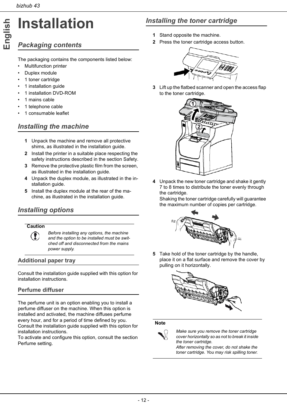 Installation, Additional paper tray perfume diffuser, Installing the toner cartridge | English, Packaging contents, Installing the machine, Installing options | Konica Minolta bizhub 43 User Manual | Page 14 / 258