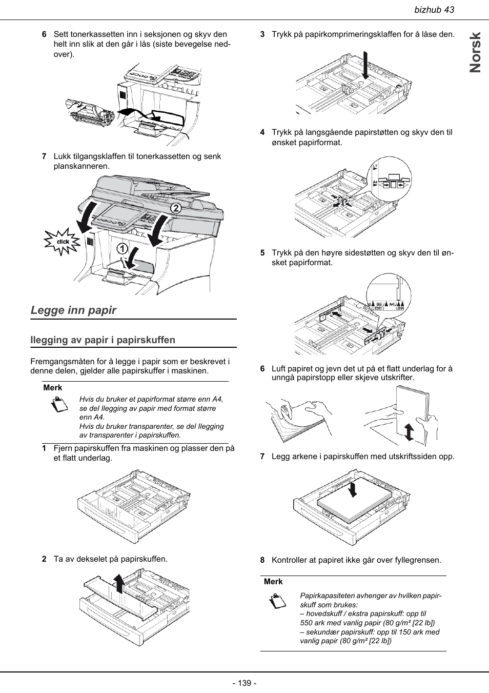 Legge inn papir, Ilegging av papir i papirskuffen, Norsk | Konica Minolta bizhub 43 User Manual | Page 141 / 258