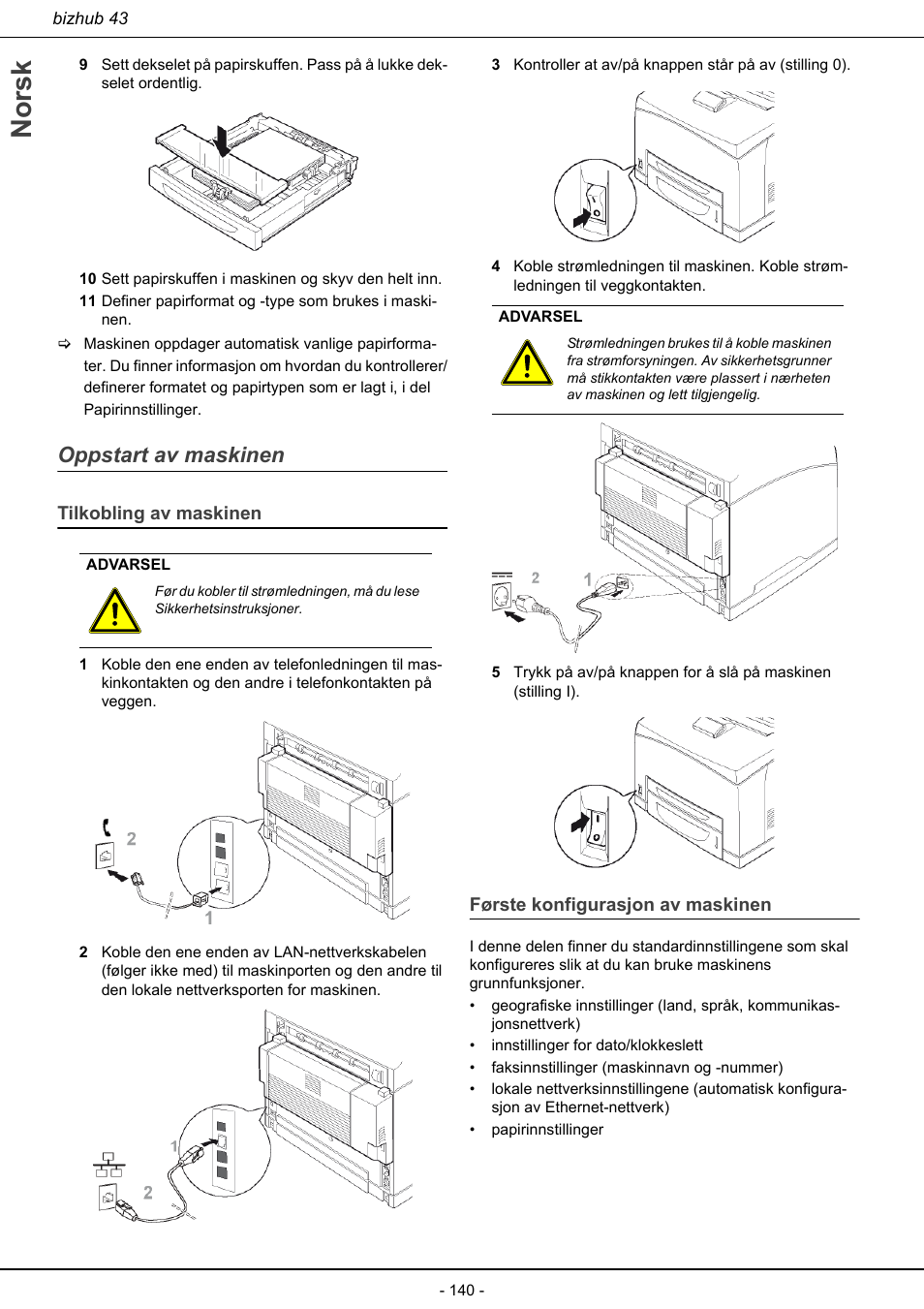 Oppstart av maskinen, Norsk | Konica Minolta bizhub 43 User Manual | Page 142 / 258