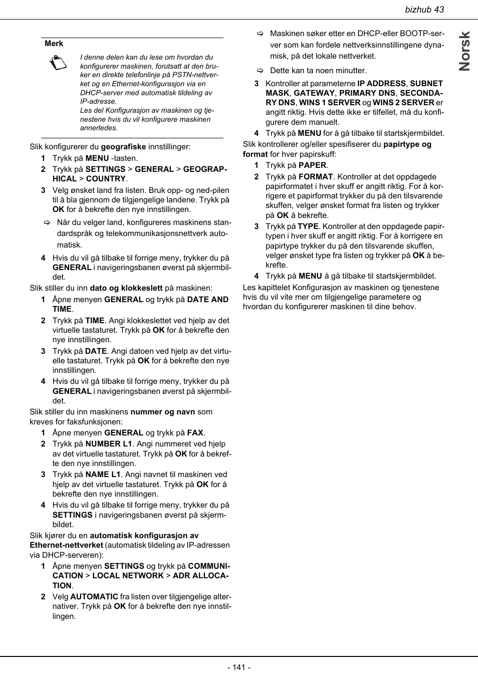 Norsk | Konica Minolta bizhub 43 User Manual | Page 143 / 258