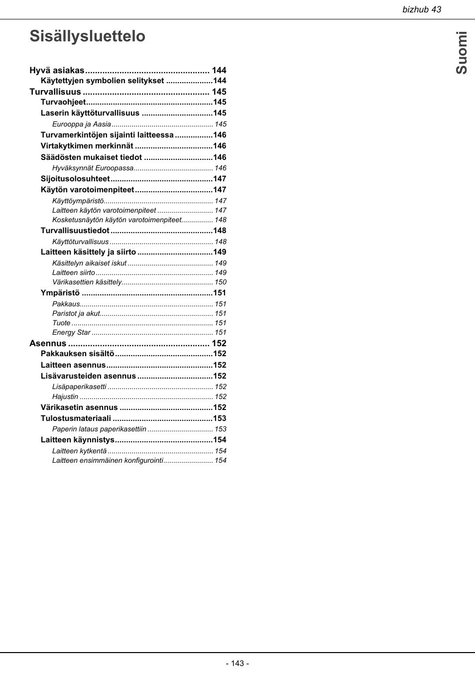 Sisällysluettelo, Suomi | Konica Minolta bizhub 43 User Manual | Page 145 / 258