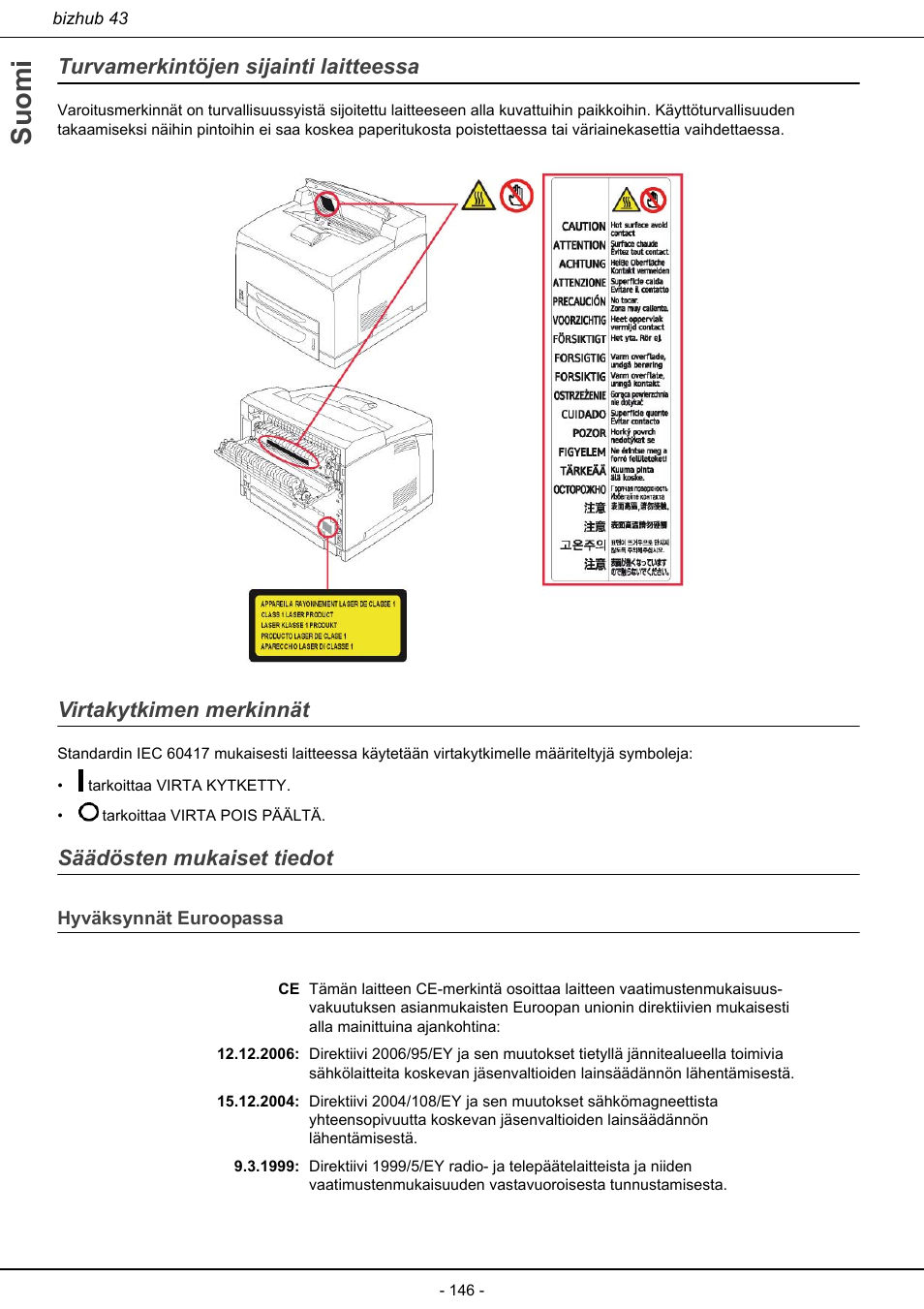 Hyväksynnät euroopassa, Suomi, Turvamerkintöjen sijainti laitteessa | Virtakytkimen merkinnät, Säädösten mukaiset tiedot | Konica Minolta bizhub 43 User Manual | Page 148 / 258