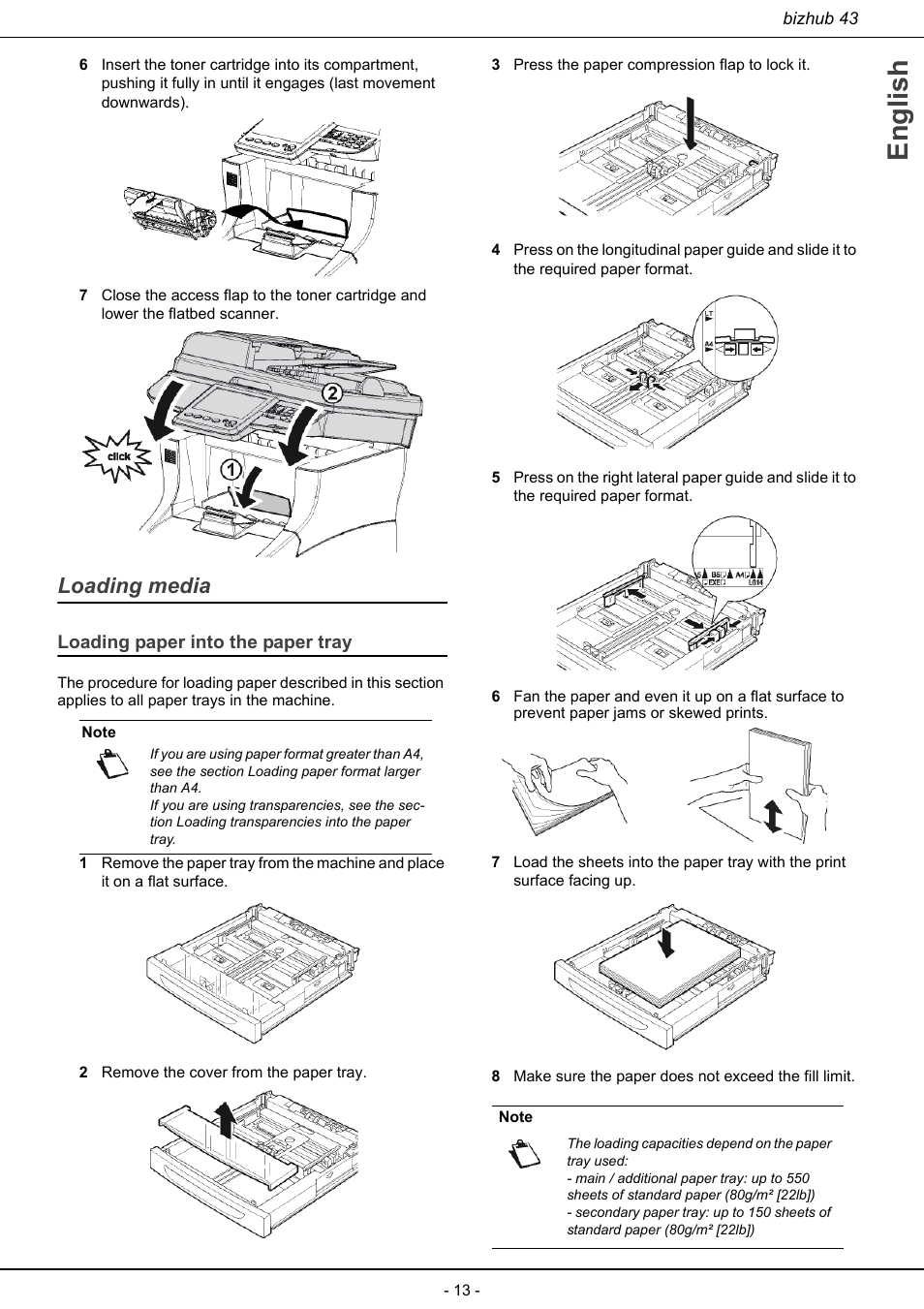 Loading media, Loading paper into the paper tray, English | Konica Minolta bizhub 43 User Manual | Page 15 / 258