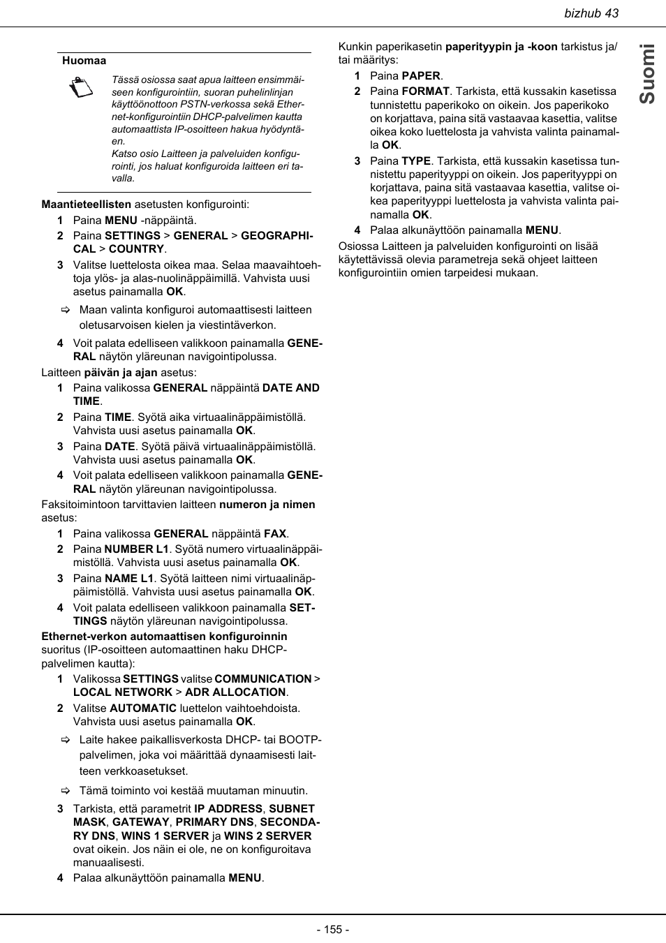 Suomi | Konica Minolta bizhub 43 User Manual | Page 157 / 258